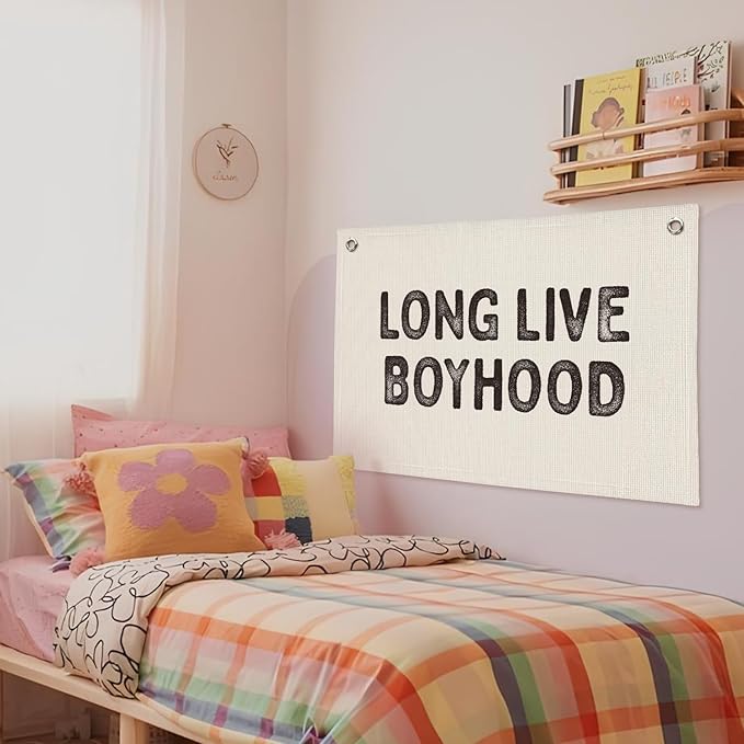 Long Live Boyhood Banner, Boys Room Decor, Vintage Linen Banner Wall Hanging Flag Decor for Toddler Boy Room Nursery Playroom