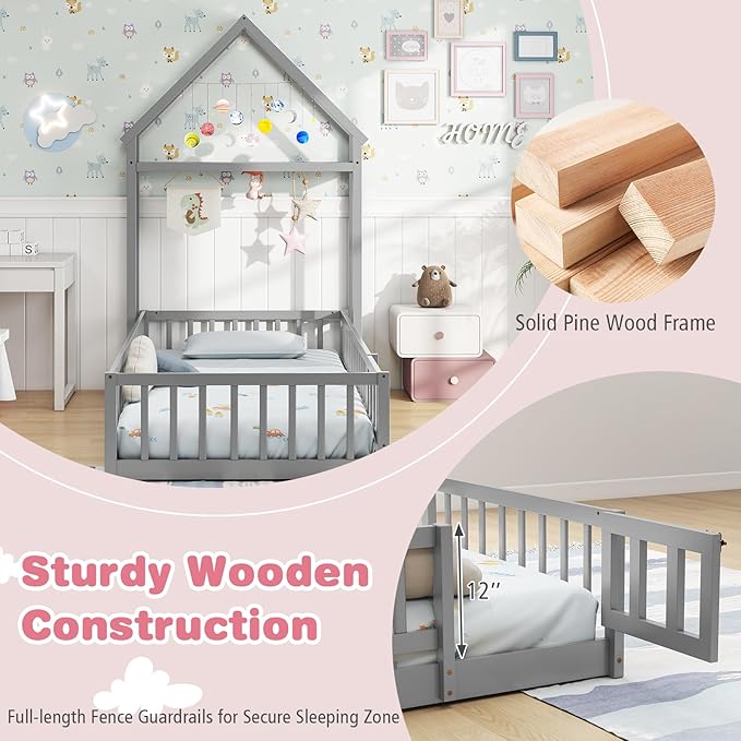 MAT EXPERT Twin Floor Bed with House-Shaped Headboard, Montessori Kids Bed with Detachable Clothes Hanger, Full Length Safety Guardrails, Solid Wood Twin Bed Frames for Kids (Gray)