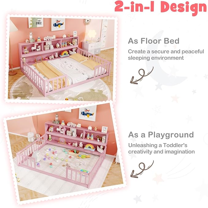 KOMFOTT Full Floor Bed with Bookcase & Shelves, Wood Bed Frame with Bedside Bookshelves & Guardrails, Versatile 2-in-1 Montessori Floor Bed for Kids (Full,Pink)