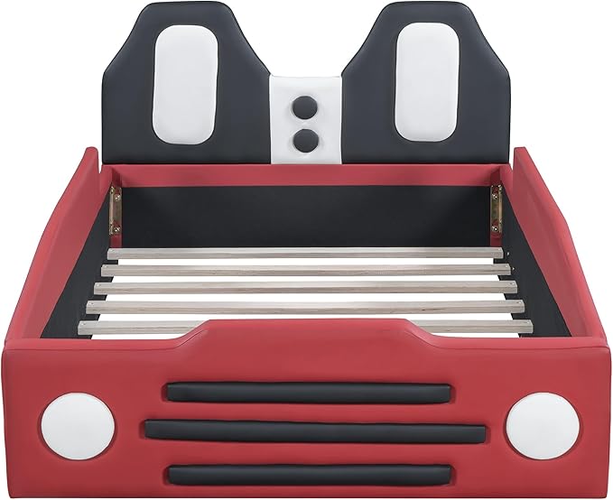 Twin Size Race Car Bed for Kids, PU Car-Shaped Bedframe with Wheels and Side Rails for Boys,Girls, Wood Slat Support, No Box Spring Needed,White
