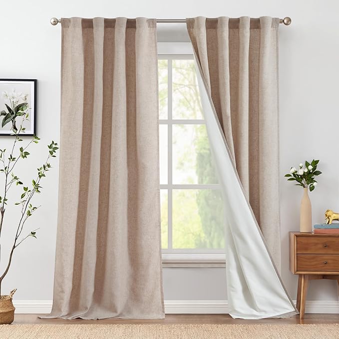 jinchan Taupe Linen Blend Curtains for Living Room 108 Inch Length Extra Long 2 Panels Curtains for Sliding Glass Doors, 50 Inch Wide Drapes with Rod Pocket Back Tab(50W x 108L, Taupe)