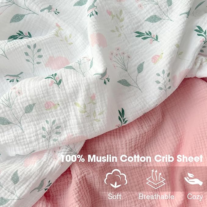 Little Grape Land Muslin Crib Sheets Fitted for Boys and Girls 2 Pack, 100% Cotton Baby Bed Sheets Soft Breathable, Neutral Fitted Baby Mattress Sheets for Standard Crib 52x28 inches, Pink Bunny