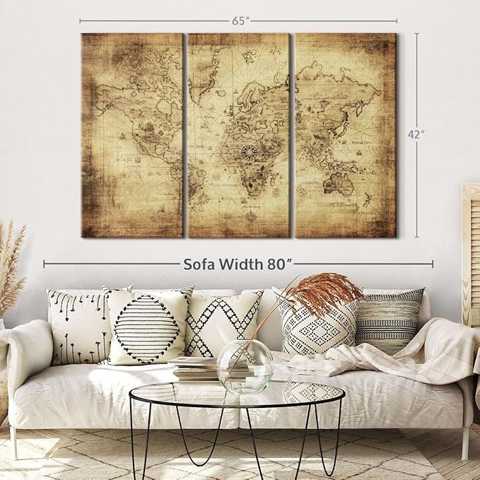 ElephantStock Ancient World Map Wall Art Multi Piece Canvas - 3 Piece Canvas World Map Wall Decor - Wall Decor - Ready-to-Hang Print - Vintage Wall Art - 65" X 42"