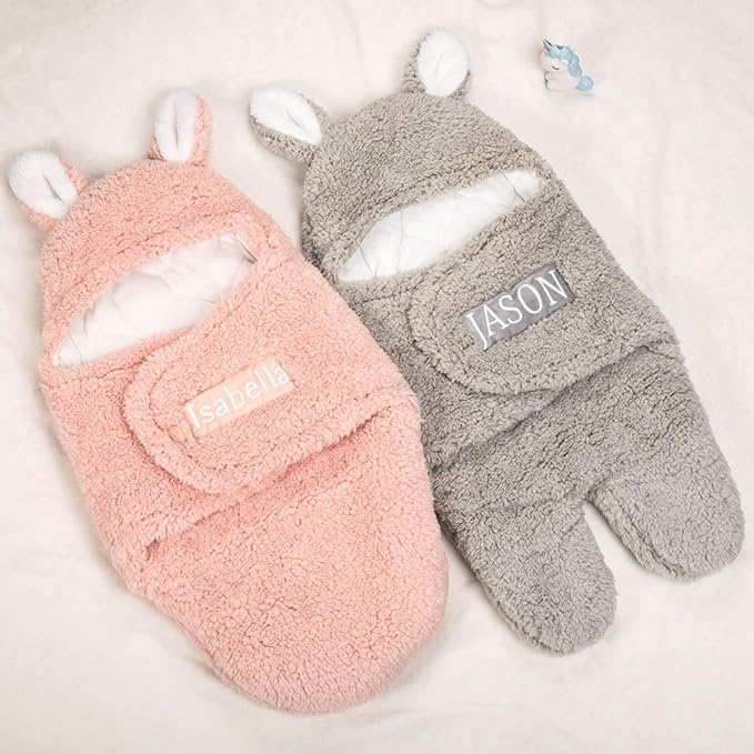 Custom Baby Swaddle Blanket Embroidery Personalized Name Boys Girls Sleep Sack for Infant Cute Bunny Baby Essentials Gift for Newborn
