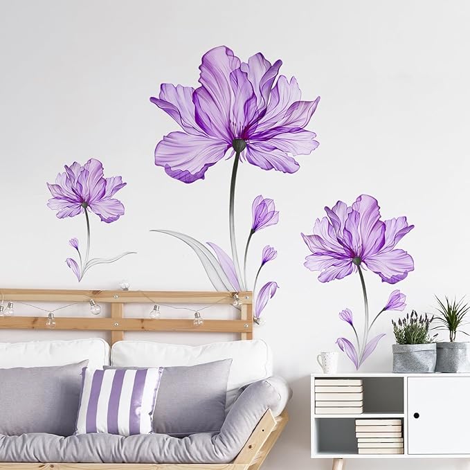 Tanlaby Purple Flowers Wall Stickers Large Floral Blossom Wall Decals Plants Wall Sticker Self-Adhesive Removable Wall Art Sticker for Living Room Bedroom Offices Bathroom Wall Decoration