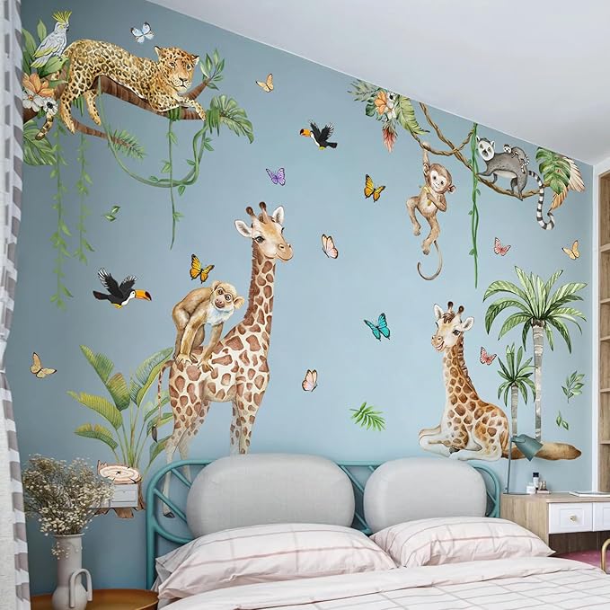 Jungle Safari Watercolor Wall Stickers - Large Removable Animal Wall Decals (Leopard, Giraffe, Monkey, Koala) with Tropical Plants Vines & Butterflies DIY Nursery Decor for Kids Bedroom, Classroom