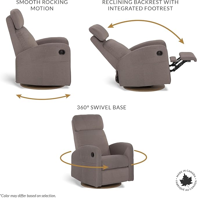 Hailey Modern Nursery Glider Recliner Chair (Manual) – Cozy Nursing Chair with 360° Swivel for New Parents, Gentle Motion, High Back & Low Armrests, Adjustable headrest, Canadian Made (Como Sand)