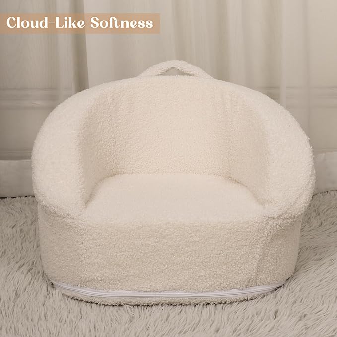 Mini Plush Teddy Bear Kids Sofa Chair - 17.3'' Compact Portable Toddler Chair with Carry Handle, Washable Cover, Safe Sturdy Design - Suitable for Boys and Girls - White