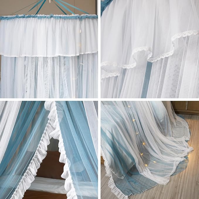 AIKASY Princess Bed Canopy for Girls & Adults, Elegant Double-Layer Bed Curtain, Children's Dream Round Lace Mosquito Net - Fits Twin, Full, Queen, and King Beds(Blue/White)