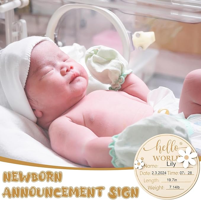 Baby Monthly Milestone Cards with Hello World Newborn Sign, Daisy Baby Milestone Signs Baby Monthly Milestone Wood Discs Baby Announcement Sign for Baby Growth Photo Props