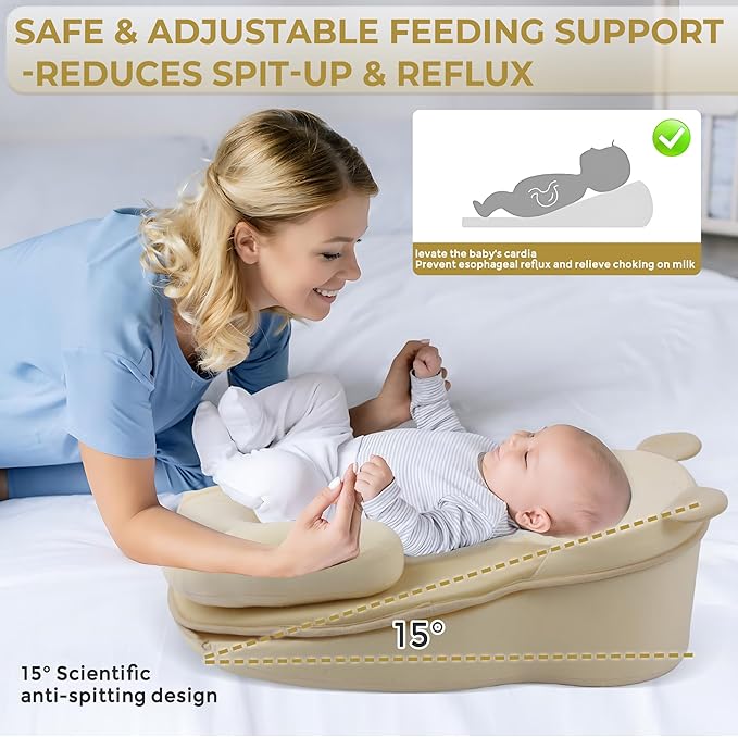 Baby Feeding Pillow, Anti Overflow Feeding Pillow for Reducing Spit-Up, Safety Nursing Pillow, Baby Lounger Reflux Wedge Breastfeeding, Removable top and Bottom