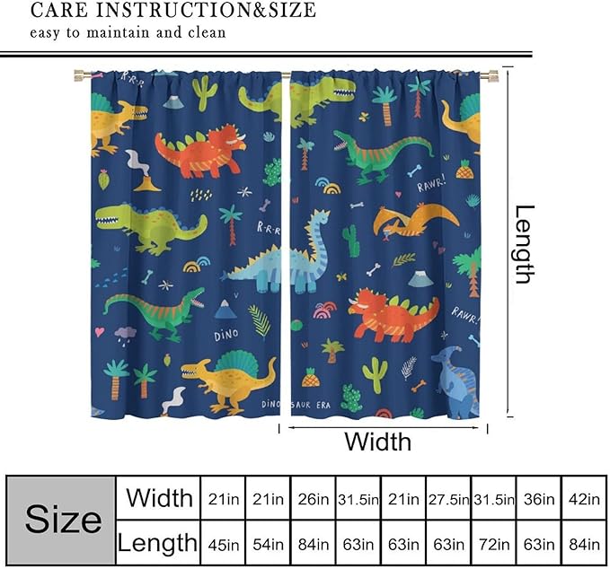 Funny Dinosaur Blackout Curtains Colorful Cartoon Animals Dino Tropical Plant Art Print for Kids Boys Bedroom Living Room Rod Pocket Decoration Window Drapes 2 Panels W27.5xL63in