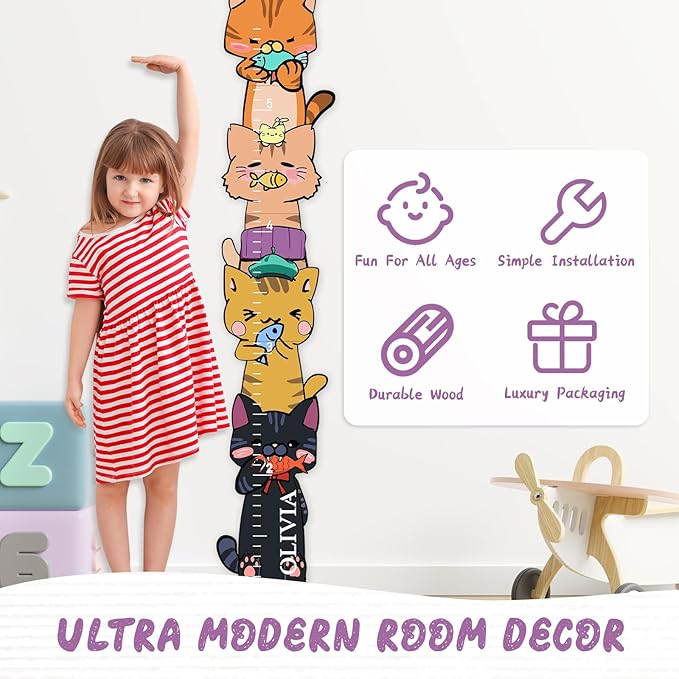 Personalized Name Growth Chart for Kids, Kitten Eating Fish Wooden Height Chart for Wall, Height Measurement for Wall Kids Height Wall Chart Kids Room Nursery Wall Decor