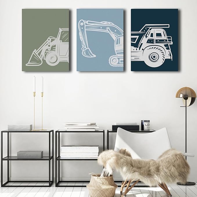 Shwing Framed Toddler Boys Room Decor - Construction Truck Wall Art Set, 12"x16" 3Pcs Set