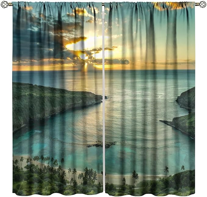 Ocean Beach Curtains,OceanMorning Sunrise Hawaiian Seaside Scene Pattern Blackout Print Home Bedroom Living Room Window Treatments 2 Panel Set 72x63 Inch