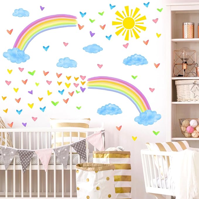Colorful Rainbow Wall Stickers Watercolor Sun Clouds Wall Decals Cute Hearts Stickers for Girls Removable Peel and Stick Large Rainbow Decals for Girls Kids Room Nursery Classroom Decor
