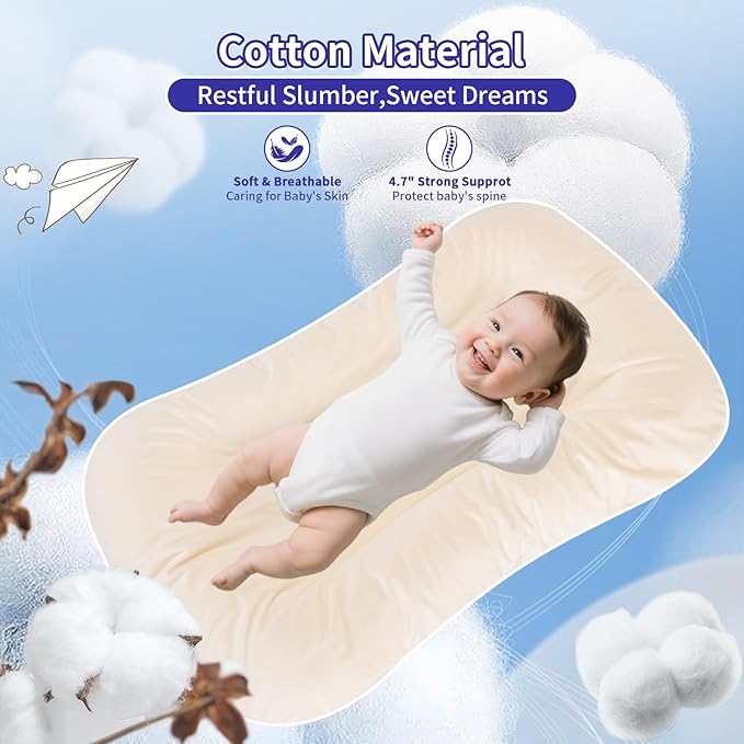 Baby Lounger 0-24 Months 100% Cotton-Snuggle Cozy Me Lounger,Soft & Breathable Tummy Time Mat for Newborn Infant Play Mat,Babies Essentials Gifts,Apricot(Lounger Cover Included)