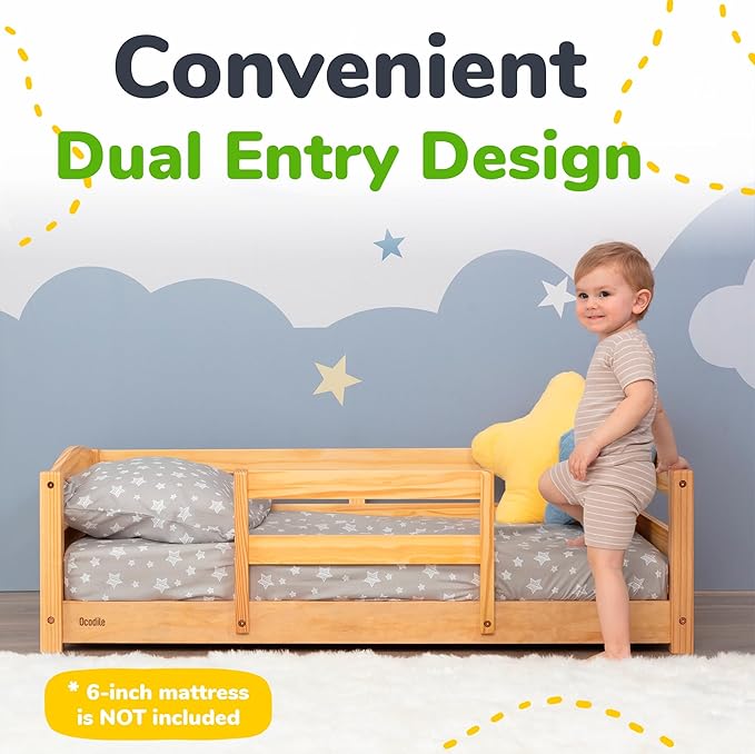 Ocodile Toddler Bed with Rails | Low Montessori Floor Bed Frame for Kids | Standard Crib Size Wooden Frame for Independent Toddlers 1-3 - Varnished