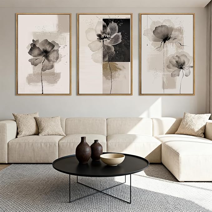 IARTTOP Framed Black Neutral Large Canvas Wall Art 16x24 Inch Minimalist Abstract White Tan Brown Flower Wall Decor Set of 3 for Living Room Bedroom Dining room