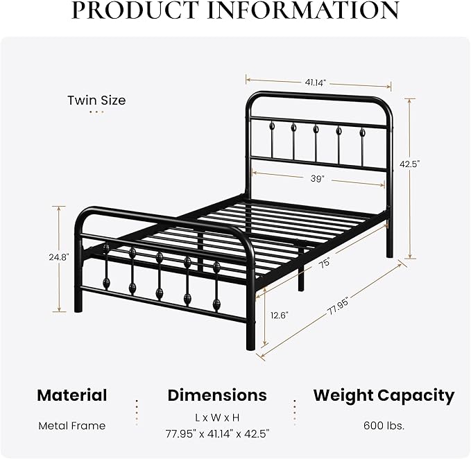 SHA CERLIN Twin Size Metal Platform Bed Frame with Victorian Style Iron-Art Headboard and Footboard, Easy Assembly, Under Bed Storage, No Box Spring Required, Black