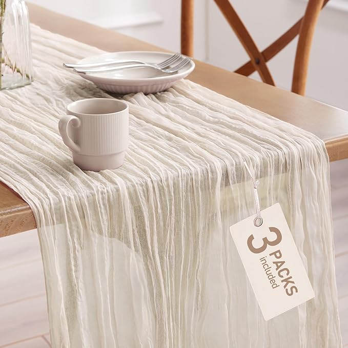 Pureegg 3-Pack Cheese Cloths Table Runner, 120'' Boho Table Cloth Decorations for Party, Baby Shower, Wedding and Farmhouse, Fabric Room Decor, Ivory