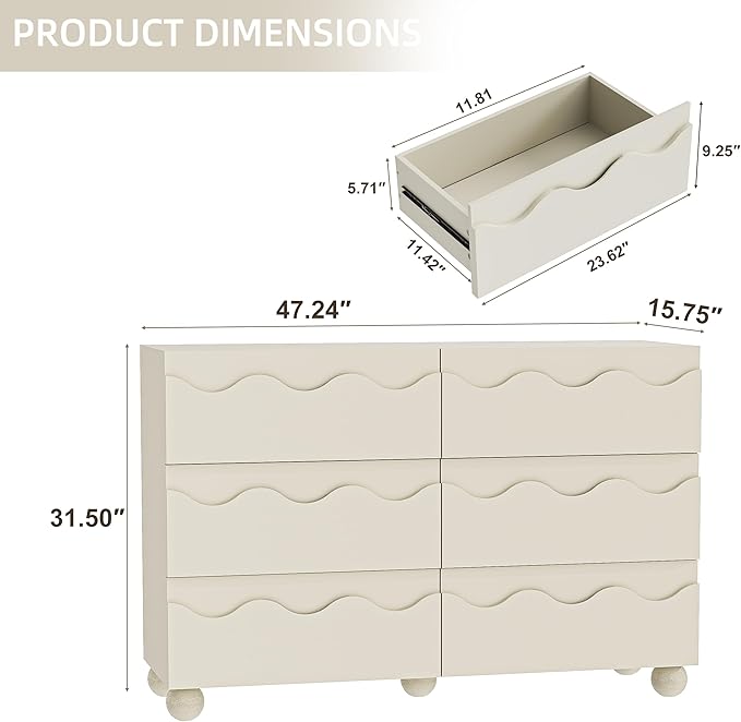 Anbuy Begie Scalloped Dresser for Bedroom with 6 Drawers, 47" Wide Modern Chest of Drawers with Hidden Handle, Wooden Dresser, Fluted Wood Closet Clothes Storage Organizer for Living Room, Hallway