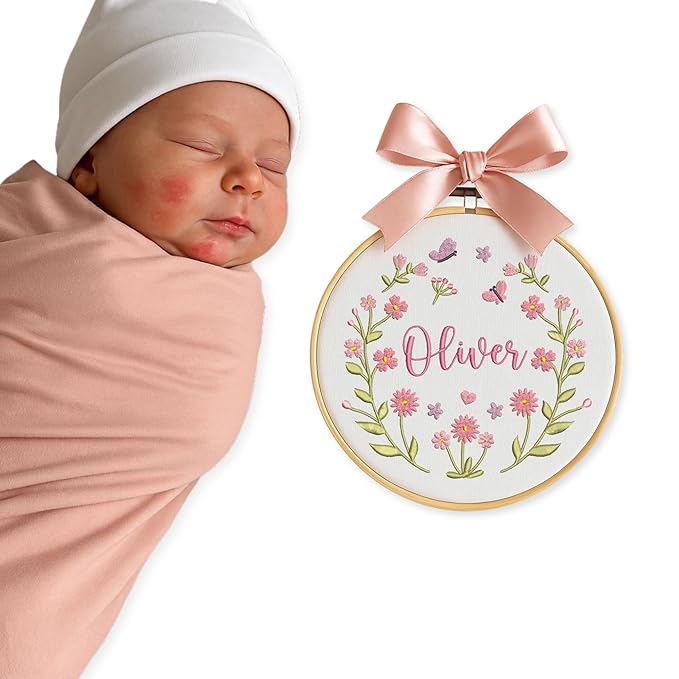 Personalized Baby Name Sign Welcome Baby Announcement Sign Newborn Baby Embroidery Hoop with Bows Baby Hospital Name Sign Custom Infant Baby Name Baby Shower Gifts (04)