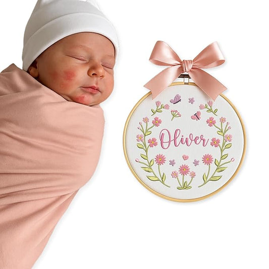 Personalized Baby Name Sign Welcome Baby Announcement Sign Newborn Baby Embroidery Hoop with Bows Baby Hospital Name Sign Custom Infant Baby Name Baby Shower Gifts (04)