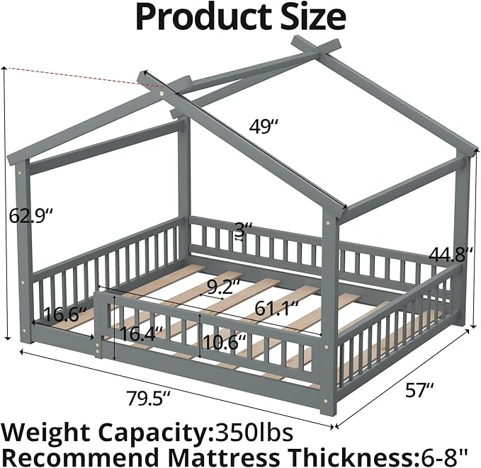 LLS Full Size House Bed with Fence, Wooden Montessori Bed with Slats Support, Floor Bed Frame for Boys Girls Bedroom, Gray