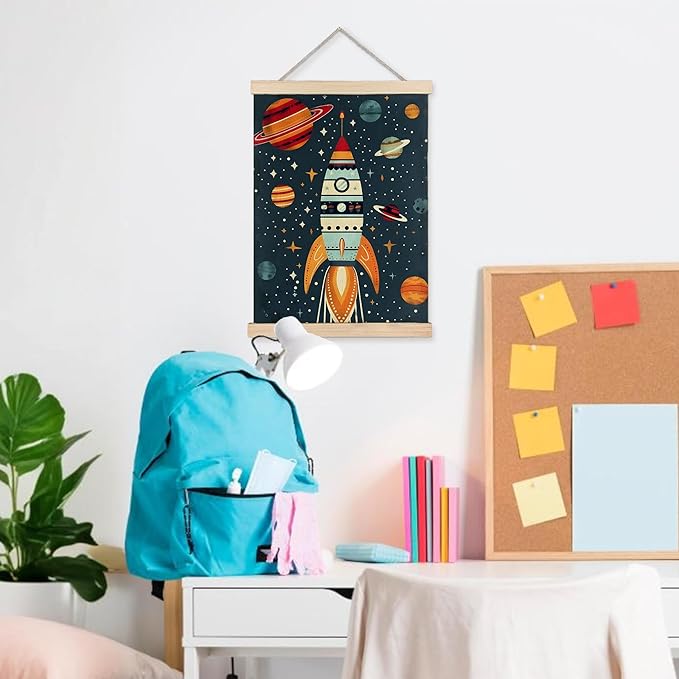 URLLUAE Rocket Ship Space Wall Art Posters for Kids Room, Colorful Outer Space Planet Poster Hanger Frame for Boys Bedroom Classroom Nursery Playroom Wall Decor, 16x24 Inch