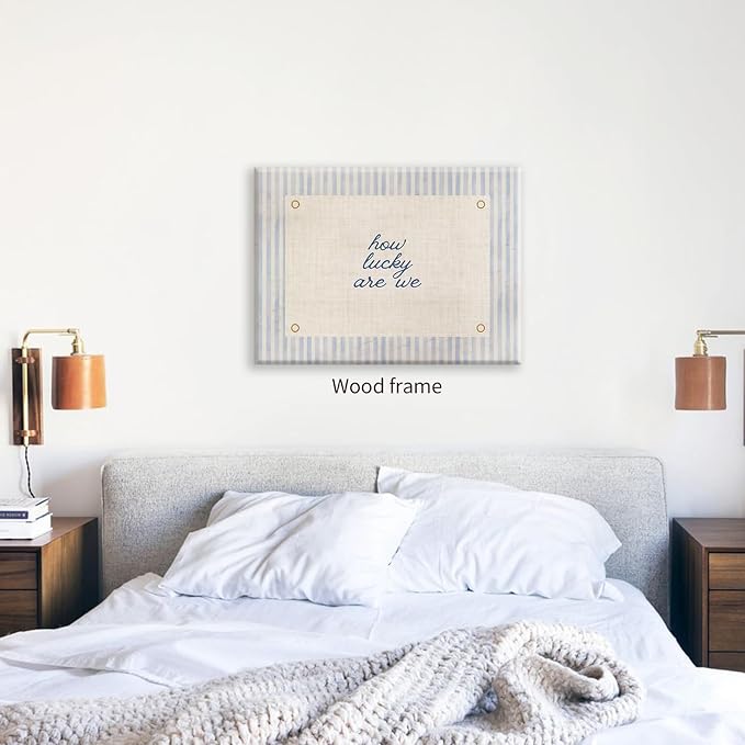 How Lucky Are We Quote Wall Art Navy Blue Positive Affirmations Poster 08x10 inch Framed Trendy Minimalist Aesthetic Canvas Prints for Dorm Bedroom Wall Decor