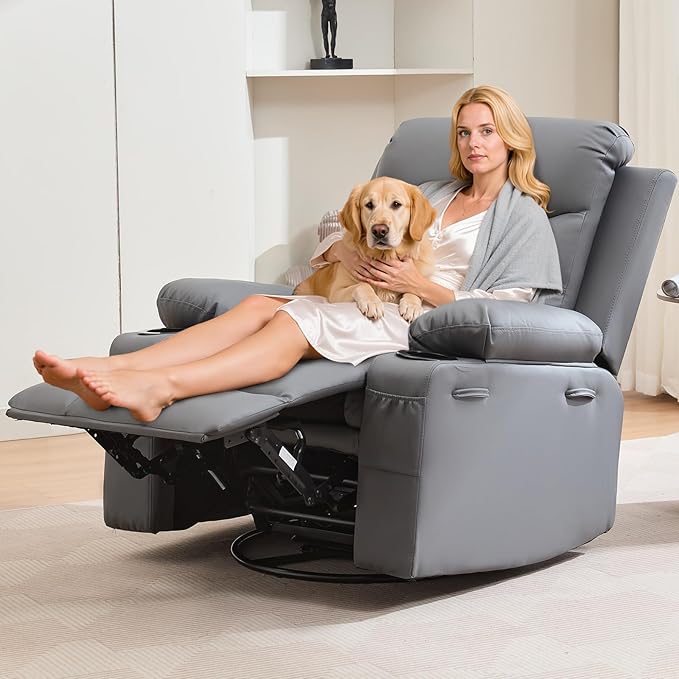 Leather Recliner Chair Nursery, Oversized Manual Reclining Rocking Chair, 360 Swivel Glider with Cup Holder, Massage and Heat Recliner, Indoor Small Single Sofa Chairs for Adults, RV, Bedroom, Gray