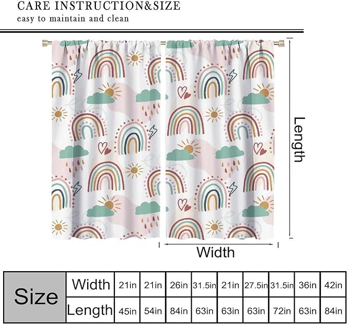 Kids Rainbow Curtains Boho Cartoon Colorful Stars Love Heart Lovely Abstract Art Pattern Print Window Drapes for Girl Bedroom Living Room Kitchen Decor,2 Panel Set,55Wx63H Inch Blackout