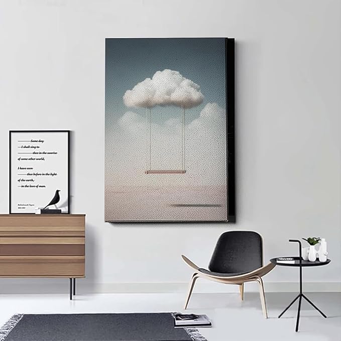 Clouds Wall Art Modern Abstract Prints Modern Clouds Art White Cloud Poster Swing Painting Nature Landscape Prints Cloud Swing Wall Art Blue Sky Poster Minimalism Abstract Picture 16x24inch Framed