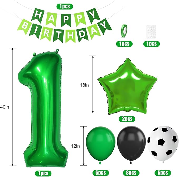 1st Soccer Birthday Decorations for Boys, Green Black Soccer Printed Balloons with 40 Inch Number 1 Star Foil Balloons Birthday Banner for 1 Year Old Soccer Sports Theme Party Decorations