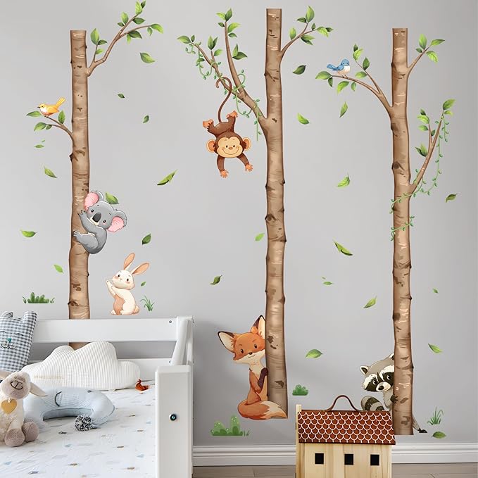 Large Birch Tree and Jungle Animals Wall Decals, Cartoon Fox Money Loala Raccoon Wall Stickers Peel and Stick Wall Decal Waterproof Wall Art Sticker for Baby Nursery Kids Room Home Decor (H: 63 in)