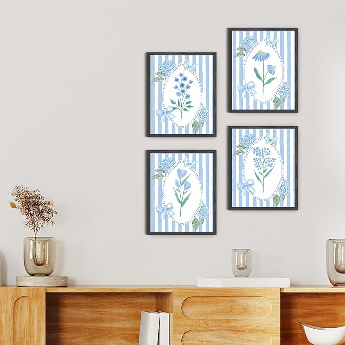 JINYO Blue Coquette Bow Floral Wall Art Prints Set of 4, Preppy Room Decor, Cottagecore Blue Wildflowers Hydrangea Botanical Posters Pictures Wall Decor for Girls Bedroom Home Dorm, 8x10 Unframed