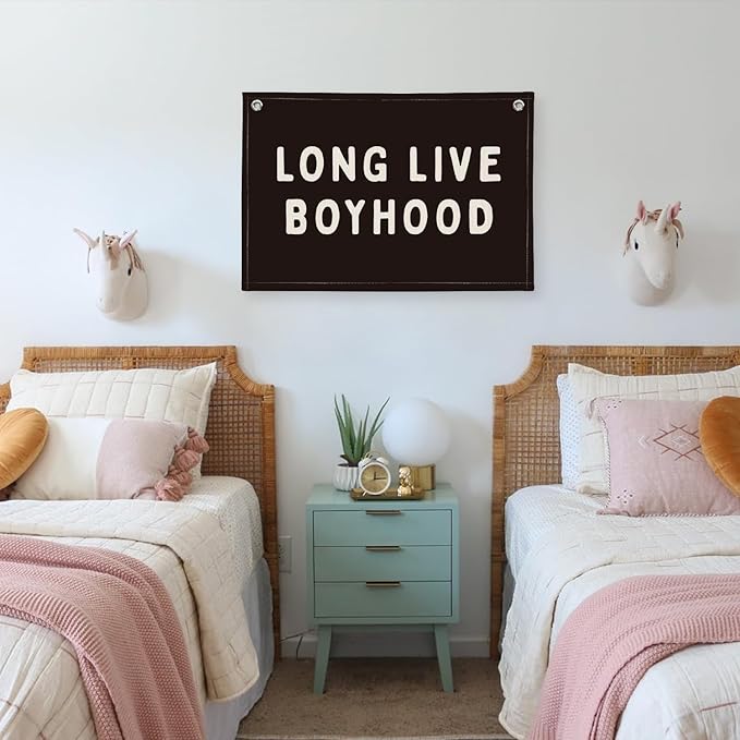 Long Live Boyhood Banner, Boy Nursery Decor, Canvas Banner Wall Hanging Banner Flag Decor for Nursery Playroom Toddler Room, Boys Kids Room Decor (Black)