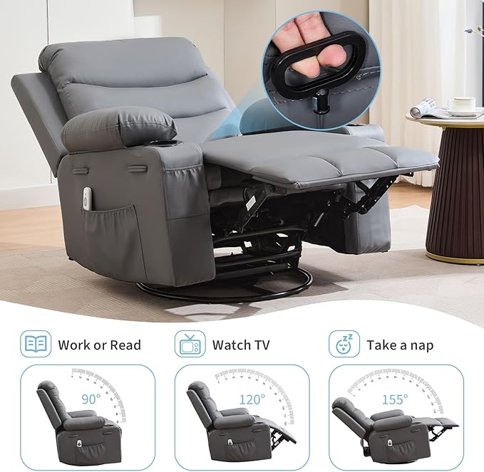 Leather Recliner Chair Nursery, Oversized Manual Reclining Rocking Chair, 360 Swivel Glider with Cup Holder, Massage and Heat Recliner, Indoor Small Single Sofa Chairs for Adults, RV, Bedroom, Gray