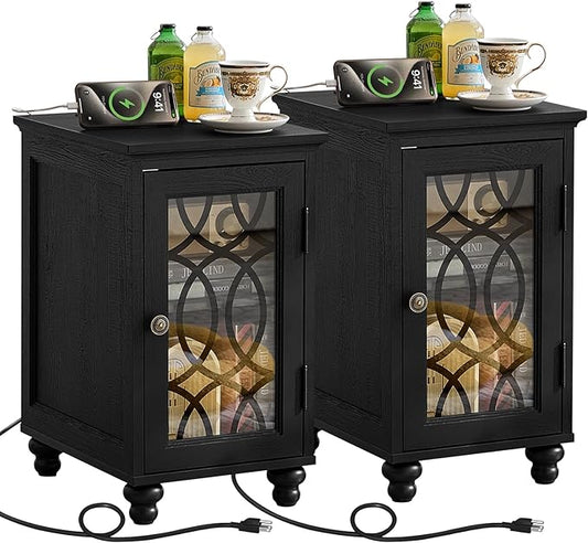 Narrow Side Table with Charging Station Set of 2, Night Stand with Glass Door,Bedside End Tables with Adjustable Shelf Storage Cabinet,Wood Nightstand for Small Spaces Living Room Bedroom