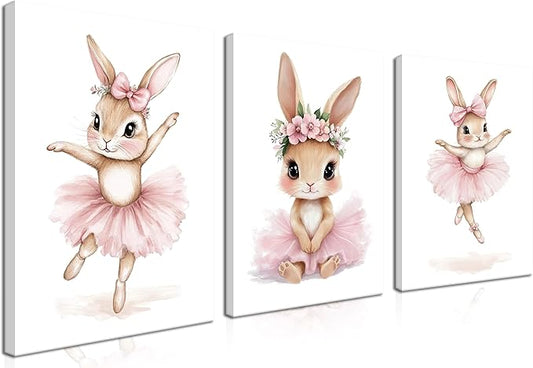 Baby Girl Nursery Wall Decor, Easter Nursery Canvas Wall Art Paintings Set of 3, Cute Animal Pink Bunny Posters Prints Pictures for Boys and Girls Room, Bedroom, Home Decor 16x24 In Framed