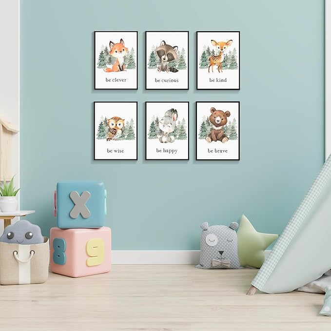 gooptyinh Framed Woodland Nursery Animal Canvas Wall Art, 6 Piece Inspirational Forest Animals Print Posters, Motivational Quotes Cute Bear Fox Rabbit Deer Raccoon Owl Decor for Baby Bedroom 8x10in