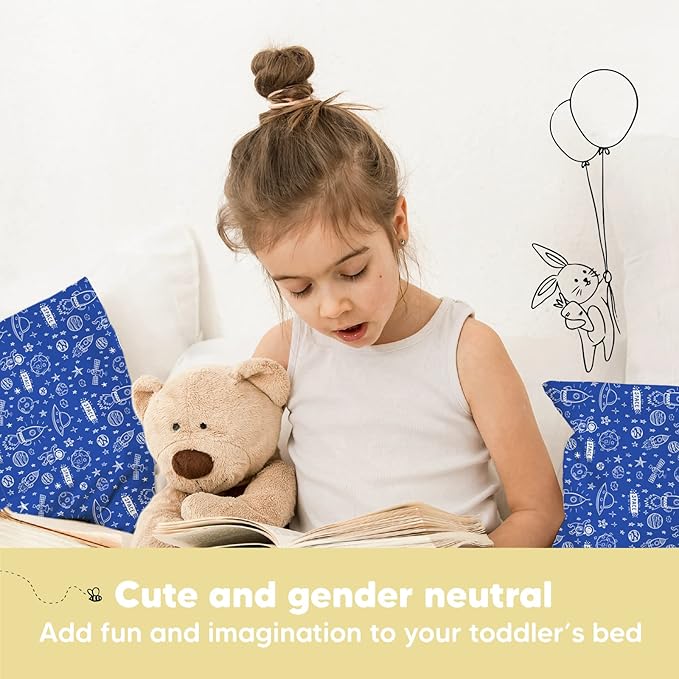 Toddler Pillow with Pillowcase - 13x18 My Little Dreamy Kids Travel Bed Pillows for Sleeping, Organic Cotton Small Pillowcase, Soft & Breathable, Machine Washable,Toddlers 2-5 Years Old(Off to Space)