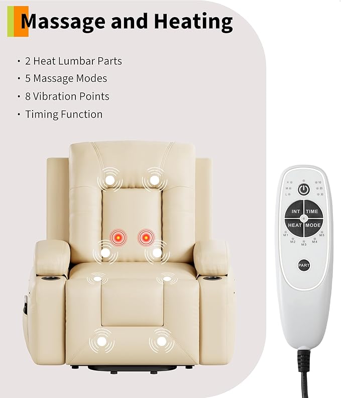 GarveeHome Power Recliner Chair - Heat and Massage, Adjustable Electric Recliner Ergonomic PU Leather Single Sofa, Tall Back, Padded Seat, Lazy Chair for Living Room