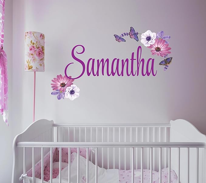 Butterfly Custom Name Wall Decal - Personalized Name Butterfly Decor - Custom Wall Sticker for Girls Rooms - Removable Flower Mural for Nursery Wall decor- Beautiful Floral Design (Wide 10"x7" Height)