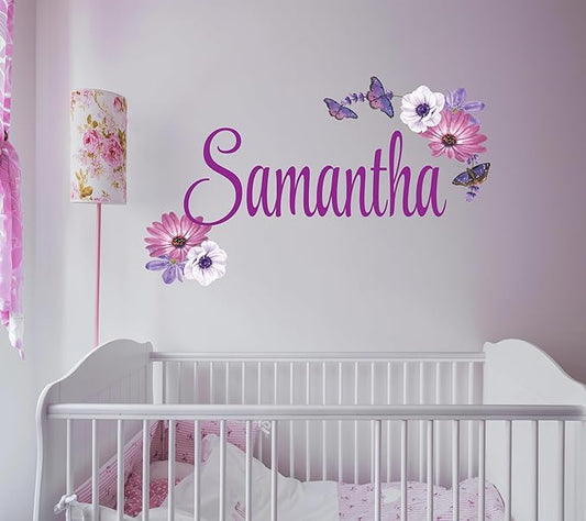 Butterfly Custom Name Wall Decal - Personalized Name Butterfly Decor - Custom Wall Sticker for Girls Rooms - Removable Flower Mural for Nursery Wall decor- Beautiful Floral Design (Wide 10"x7" Height)