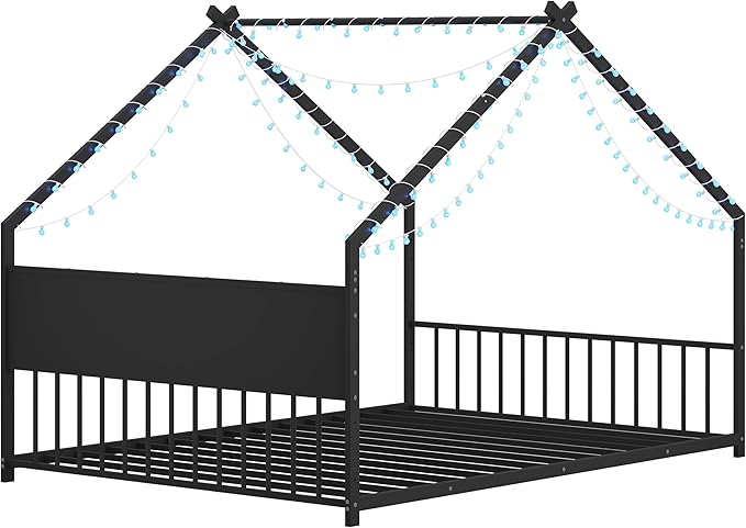 Ball & Cast Full Size Floor Bed,Low to Ground Montessori Bed with Roof & Colorful LED Lights,Toddler House Bed Frame W/Slats and Legs,No Box Spring Needed,for Girls Boys,Black