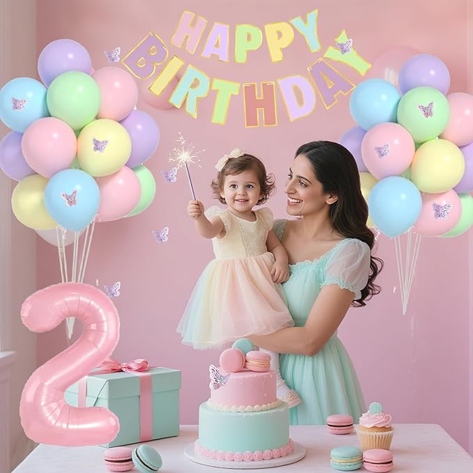 Pastel 2nd Birthday Decorations for Girl -12 inch Pastel Balloons, 40 Inch Pink 2 Balloon,3D Butterflies Stickers, Happy Birthday Banner for Baby Girl 2 Year Old BD Party Decorations