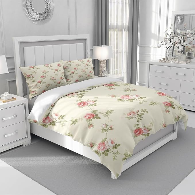 Garden Style Pink Floral Duvet Cover Queen Chic Shabby White Pink Floral Bedding Sets Botanical Comforter Cover Aesthetic Boho Bedding Collection