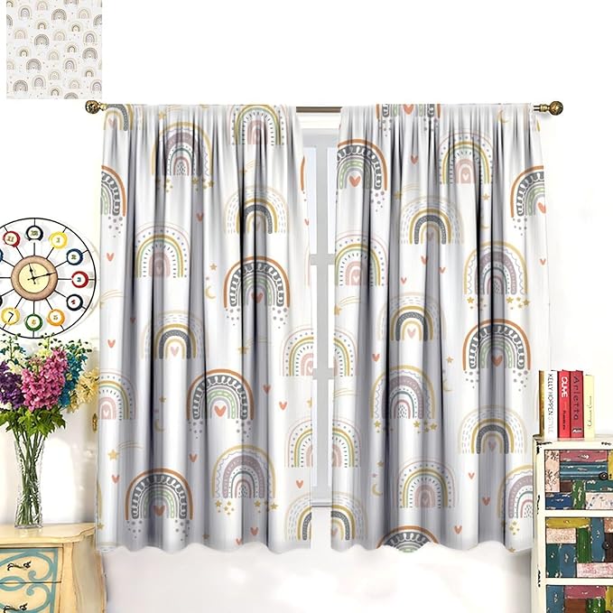 Kids Rainbow Curtains Boho Cartoon Colorful Stars Love Heart Lovely Abstract Art Pattern Print Window Drapes for Girl Bedroom Living Room Kitchen Decor,2 Panel Set,42Wx45H Inch Blackout